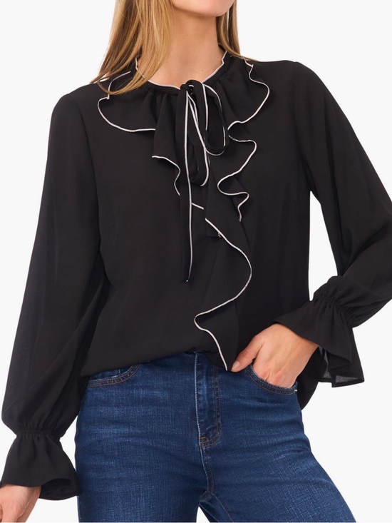 CeCe Tops - CeCe Contrast Trim Ruffle w/ Tie-Neck Blouse in Black and White Trim Size S